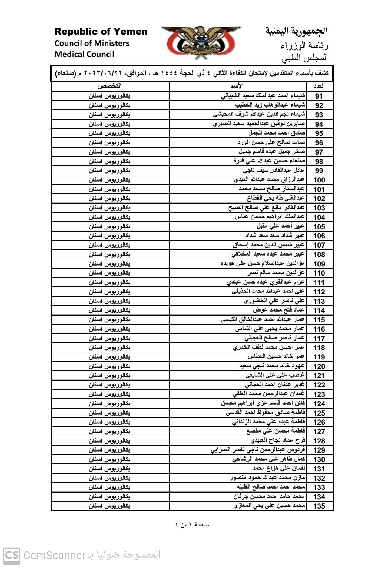 كشف باسماء المتقدمين لامتحان الكفاء الثاني 2023 بامانة العاصمة صنعاء للحصول على تراخيص مزاولة المهنة تخصص (بكالوريوس اسنان)